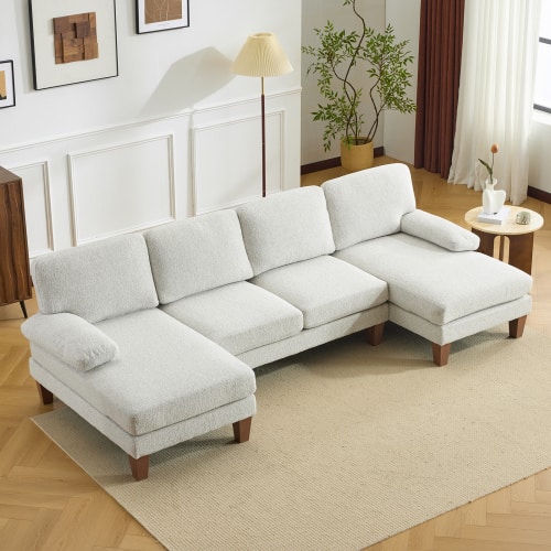 Front. Winado - 112" Sectional Couches Chenille Upholstery U-Shape 4 Seat Sofa Set with Double Chaises & Wood Grain Legs for Living Room - White.