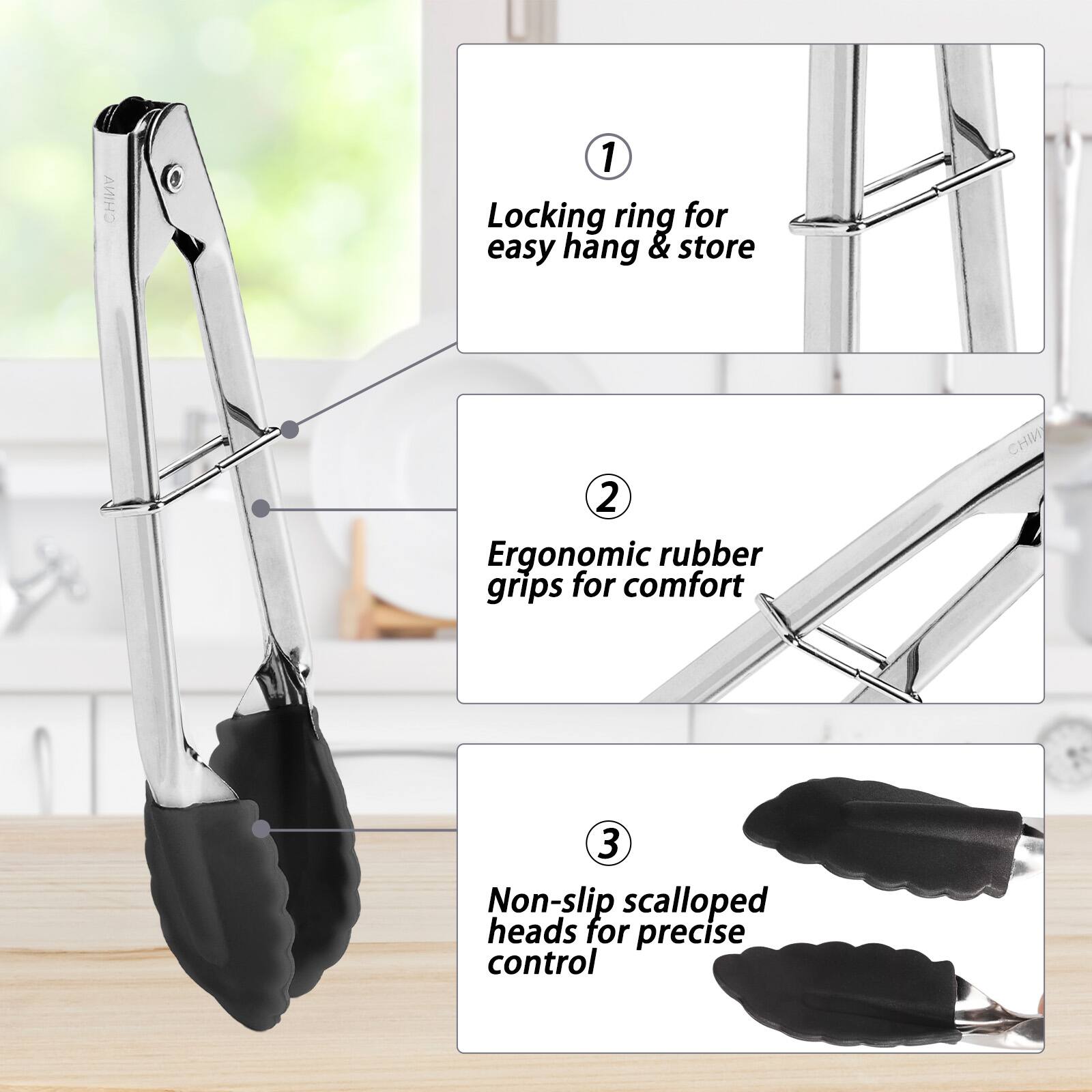 CHINA  
1. Locking ring for easy hang & store  
2. Ergonomic rubber grips for comfort  
3. Non-slip scalloped heads for precise control