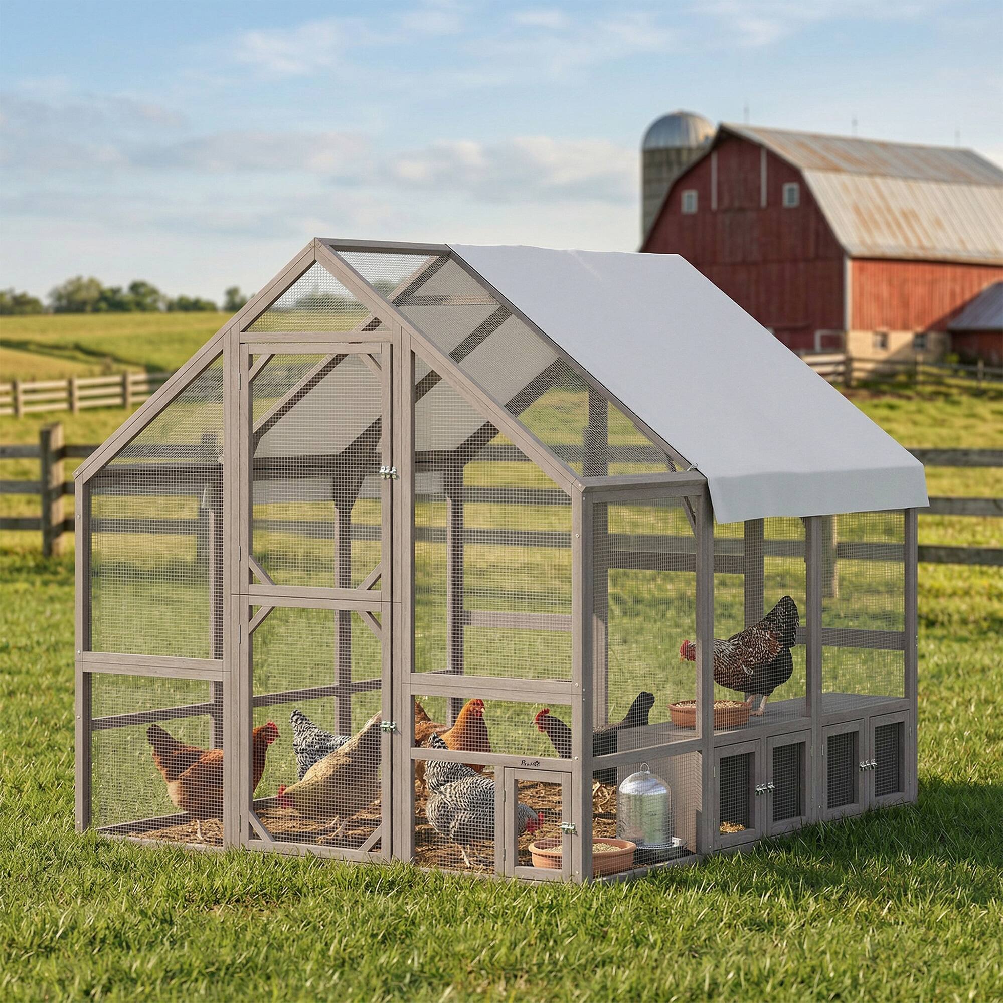 Alt View 1. Pawhut - Wooden Chicken Coop for 8-10 Hens, Walk-in Chicken Run with Waterproof Cover - Light Brown.