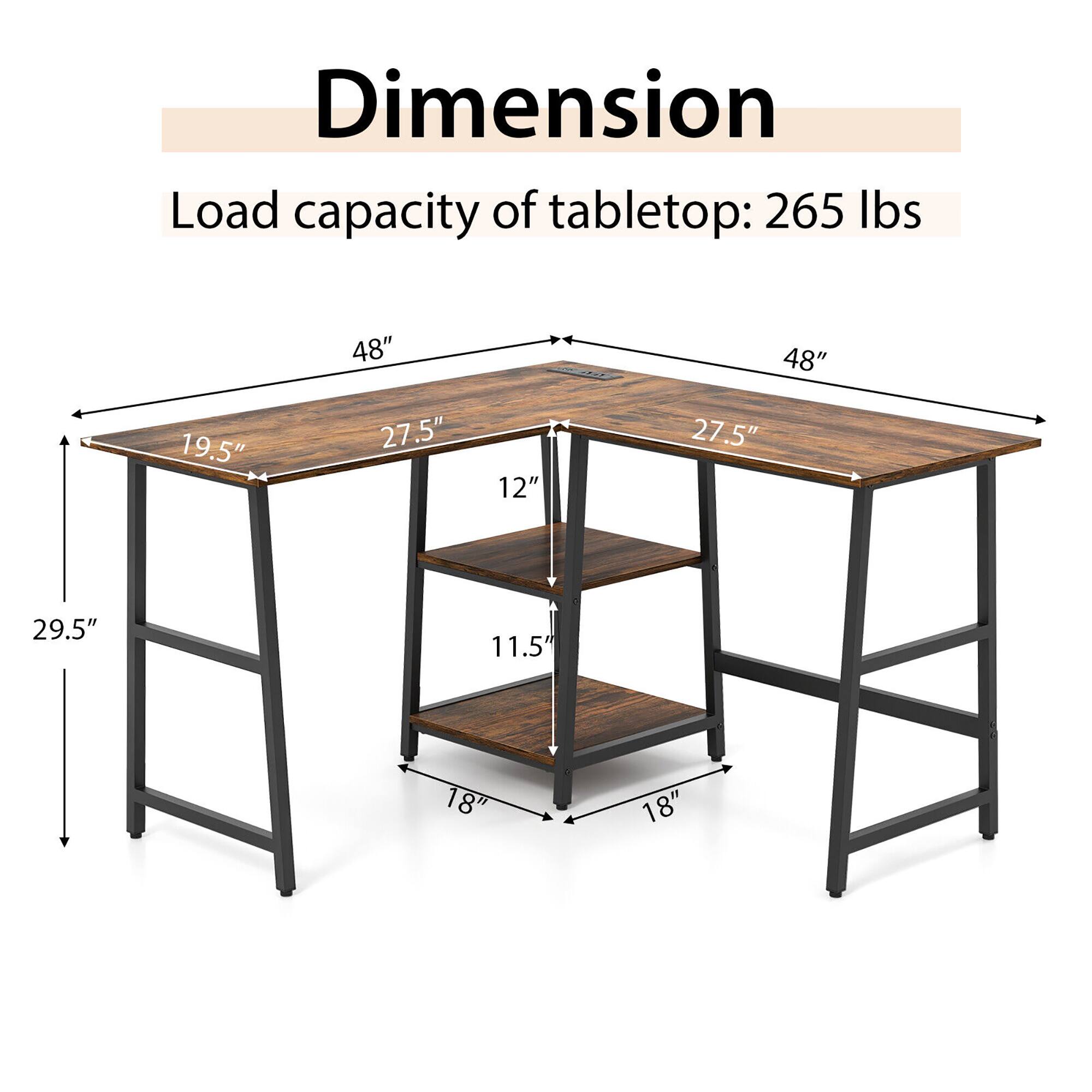 Dimension: 48" 48" 19.5" 27.5" 12" 27.5" 29.5" 11.5 18" 18"

Load capacity of tabletop: 265 lbs