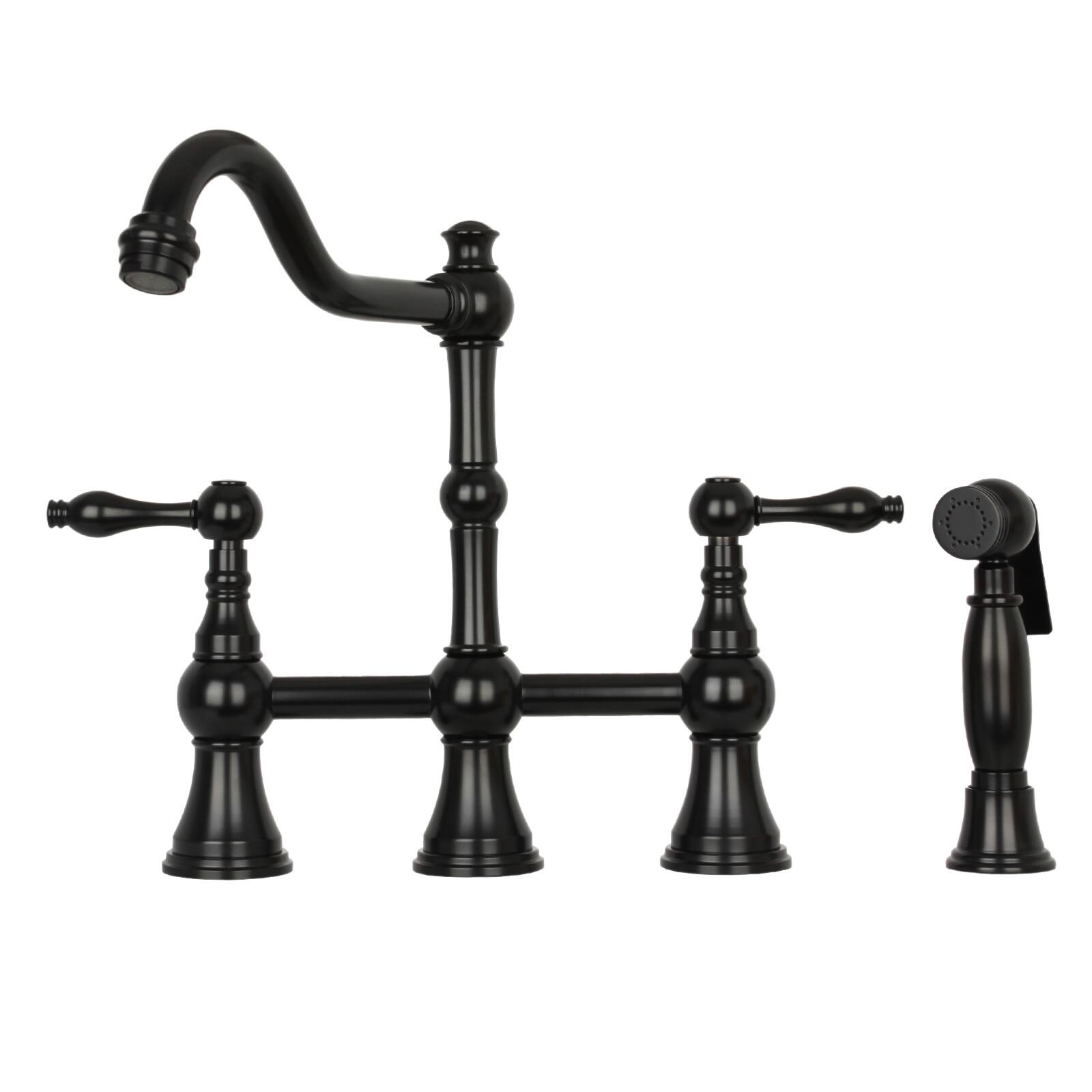 Front. Akicon - Akicon Solid Brass Bridge Kitchen Faucets with Side Sprayer 2 Lever Handles in Matte Black - Matte Black.