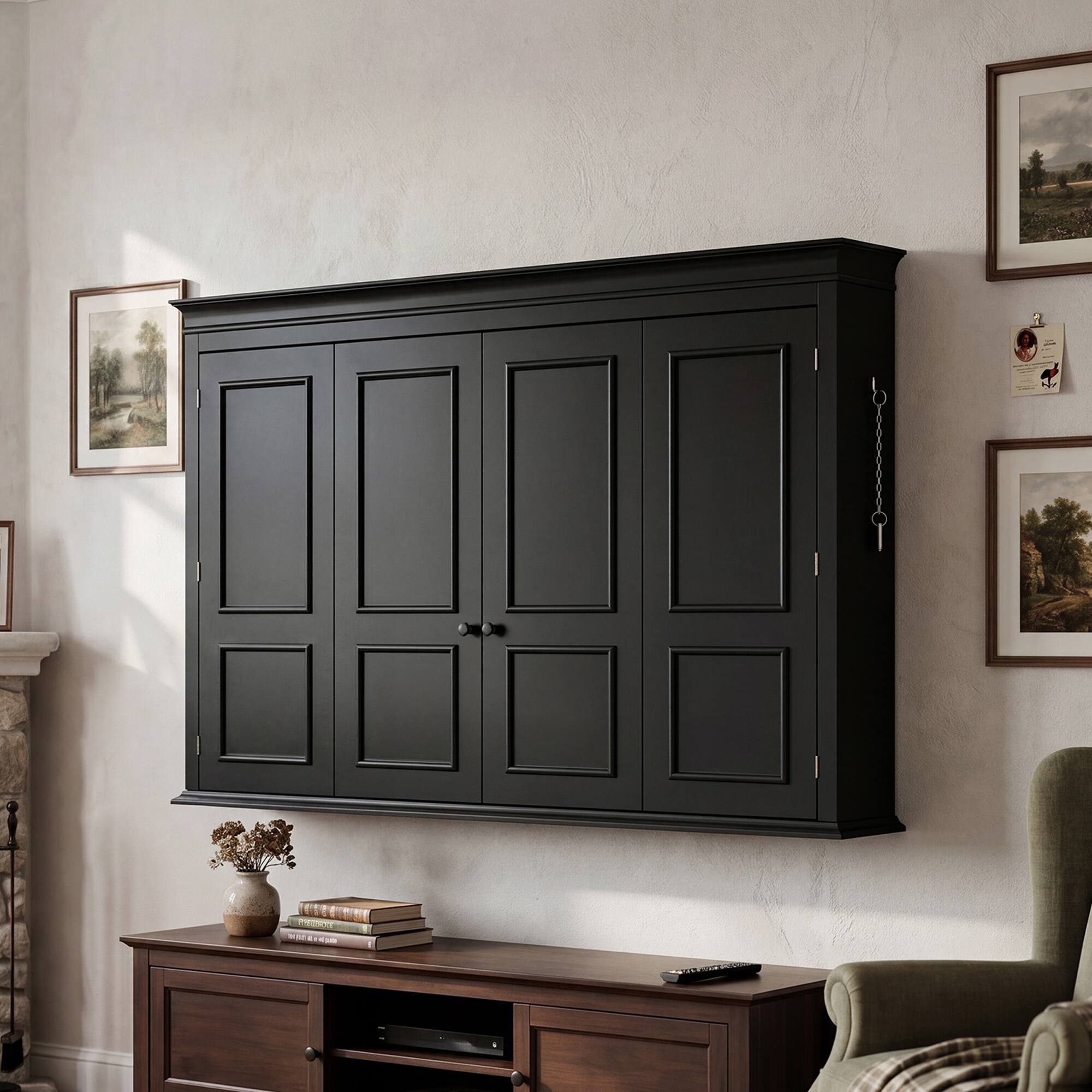Left. Famapy - Stylish Wall-Mounted TV Cabinet for 60" TVs, Black Enclosure with Doors, Protective Cover & Elegant Decor - Black.