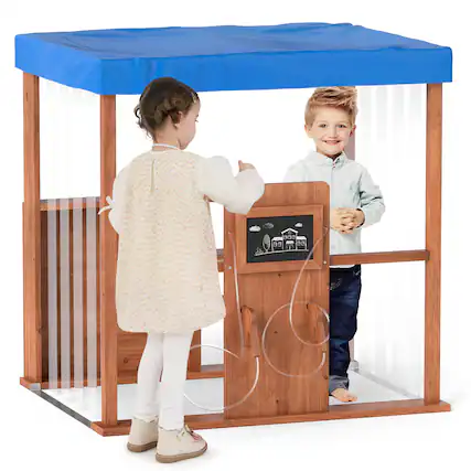 Front. Gymax - Gymax Kids Gas Station Playhouse w/ Gas Refueling Guns Chalkboards & Storage Shelves - Blue, Brown.