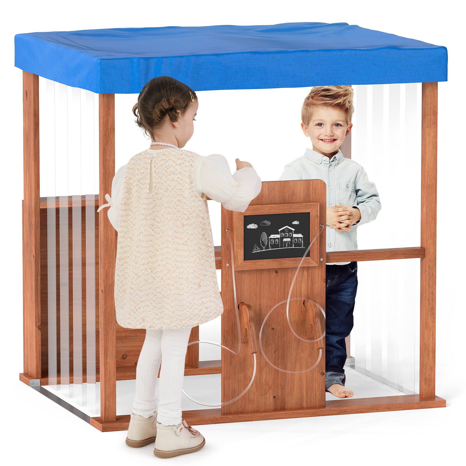 Front. Gymax - Gymax Kids Gas Station Playhouse w/ Gas Refueling Guns Chalkboards & Storage Shelves - Blue, Brown.