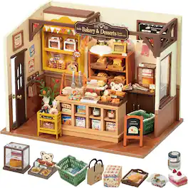Robotime - Rolife DIY Miniature Doll House Kit, Build Becka's Bakery Diorama House Building Set - Black