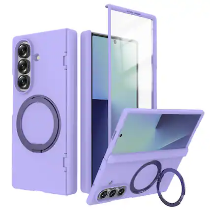 Front. Dteck - Magnetic Case for Samsung Galaxy Z Fold 7 with Screen Protector , 360° Rotating Kickstand Shockproof Hinge Cover - Purple.