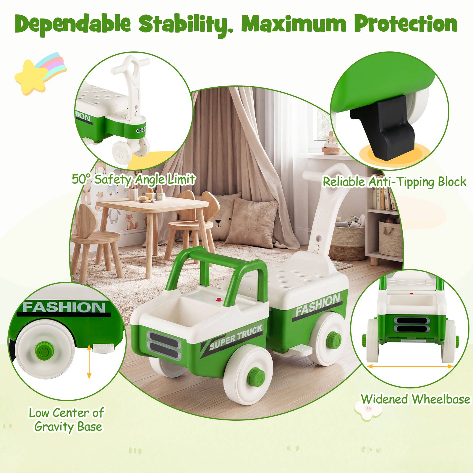 Dependable Stability, Maximum Protection

- 50° Safety Angle Limit
- Reliable Anti-Tipping Block
- Low Center of Gravity Base
- Widened Wheelbase

FASHION TRUCK SUPER FASHION