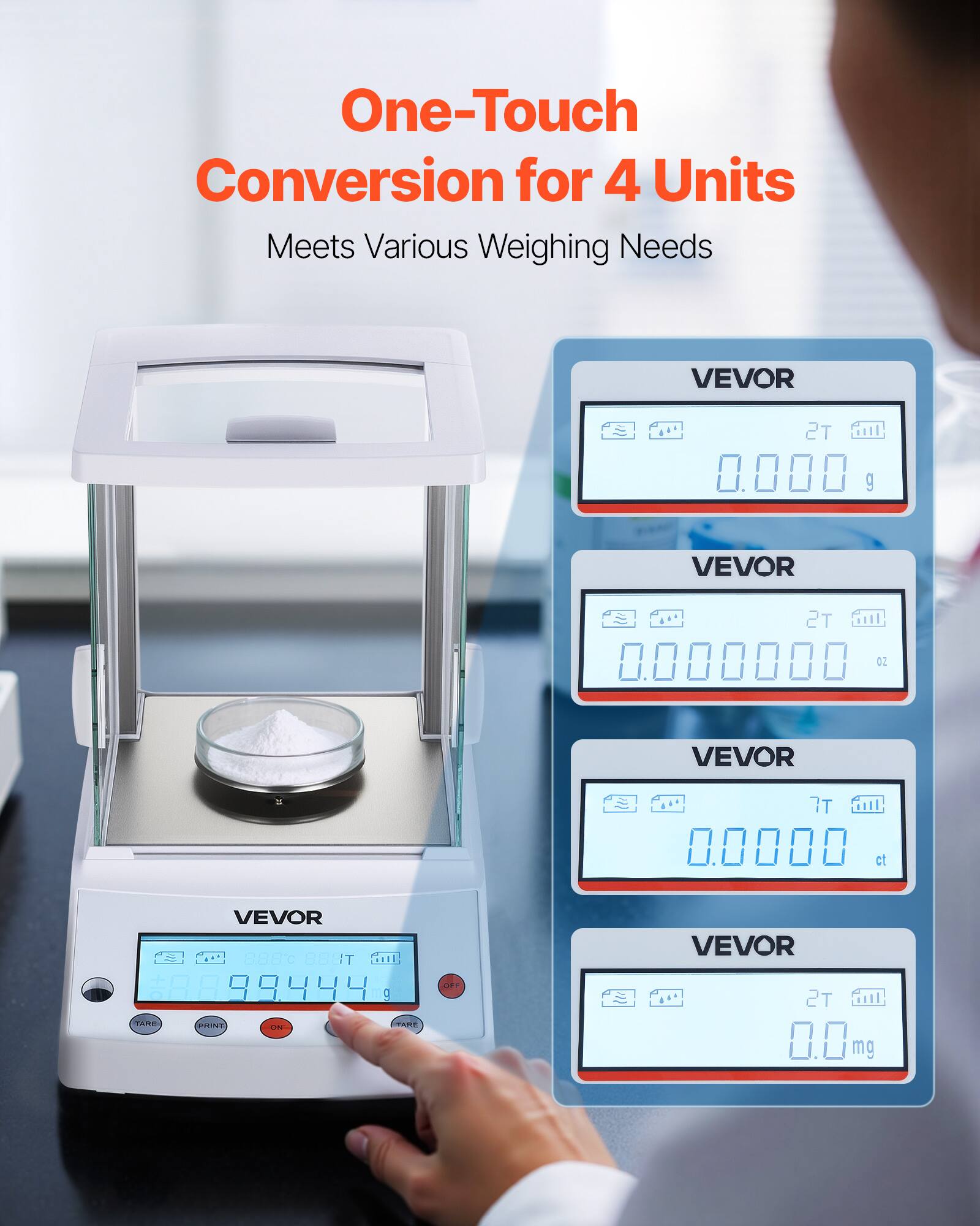 One-Touch Conversion for 4 Units  
Meets Various Weighing Needs  

VEVOR 2T  
0.000 g  

VEVOR 2T  
0.000000 OZ  

VEVOR 7T  
0.0000 ct  

VEVOR 2T  
0.0 mg