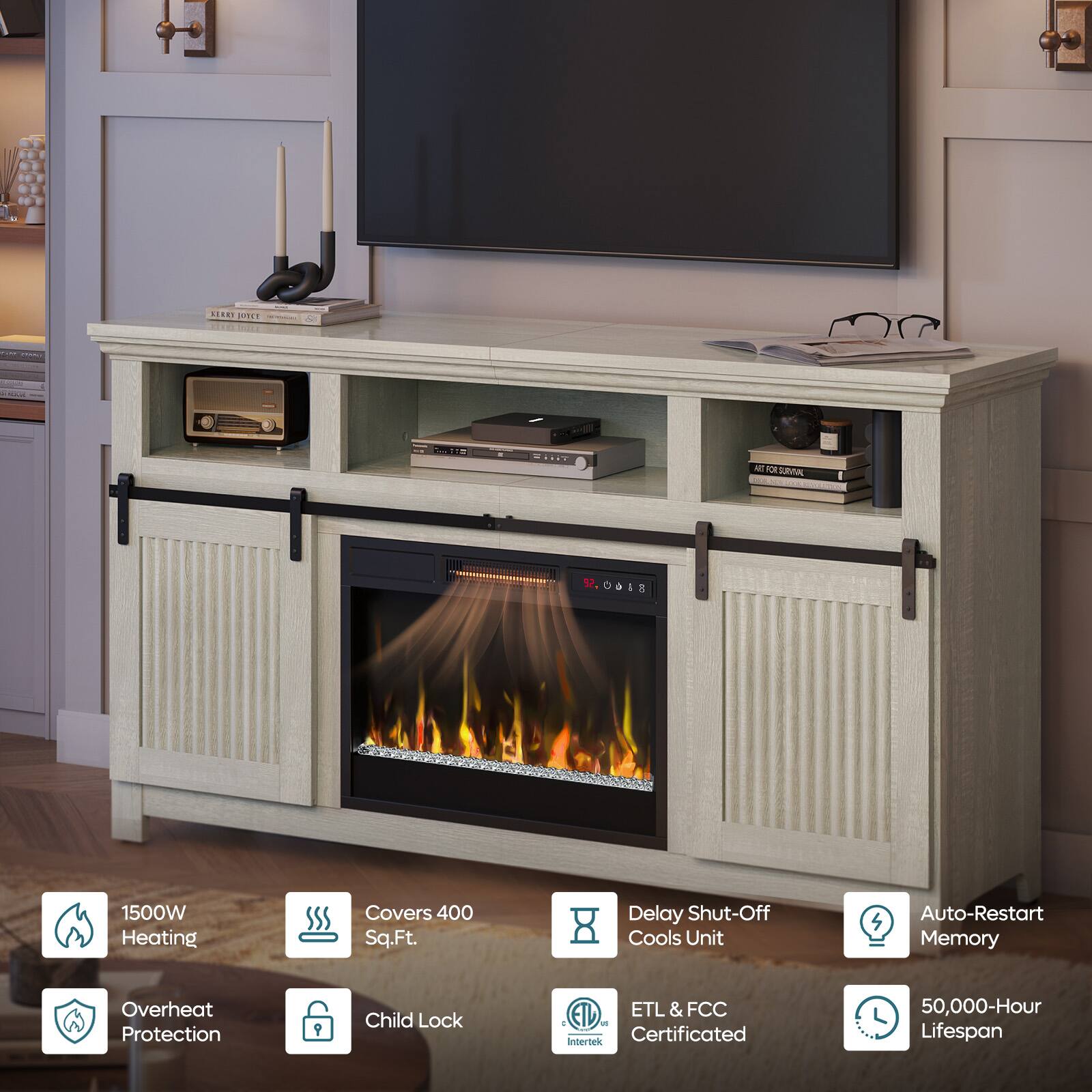 BJUTET - 12.8100  
1500W Heating  
Covers 400 Sq.Ft.  
Delay Shut-Off Cools Unit  
Auto-Restart Memory  
Overheat Protection  
Child Lock  
ETL & FCC Certified  
50,000-Hour Lifespan