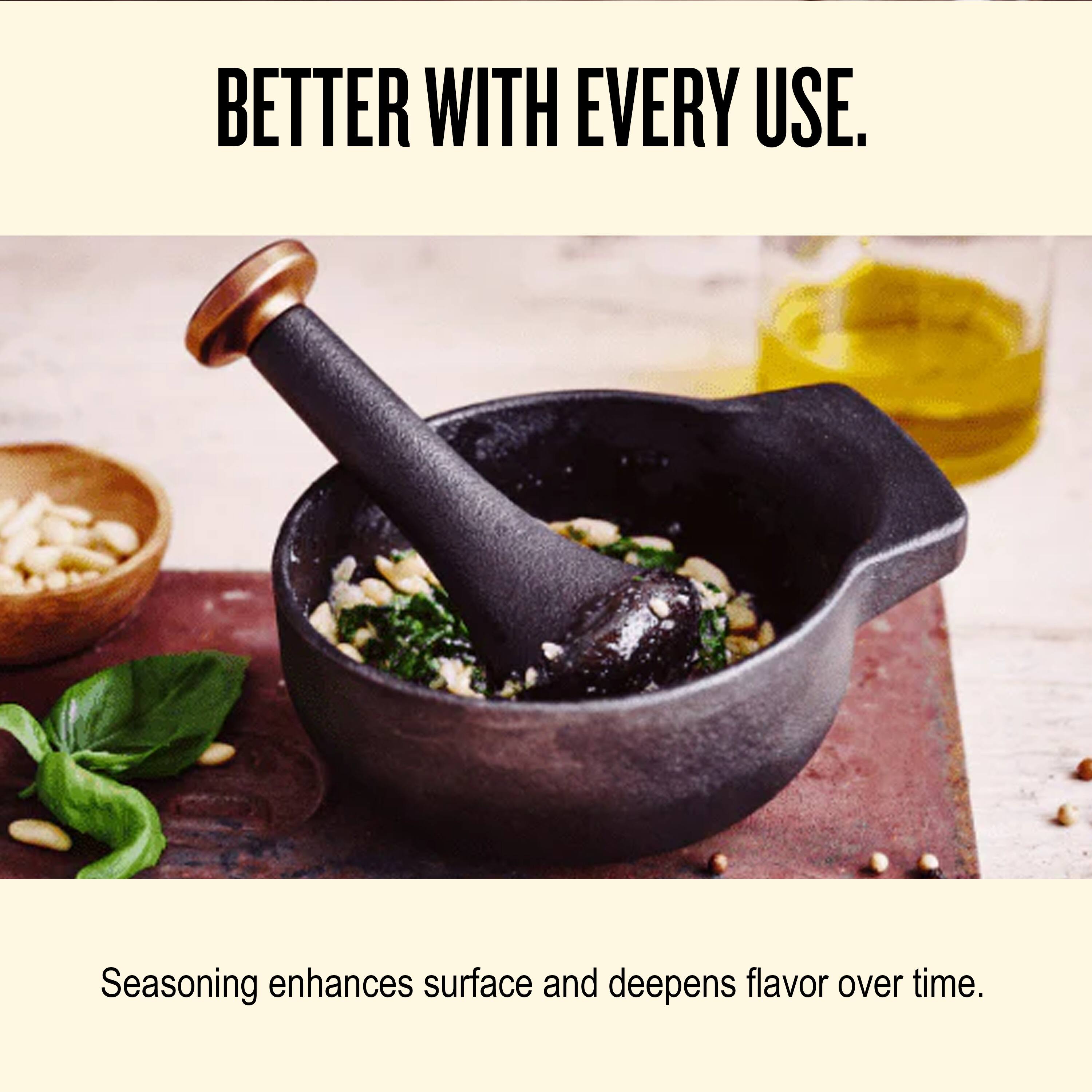 BETTER WITH EVERY USE.

Seasoning enhances surface and deepens flavor over time.