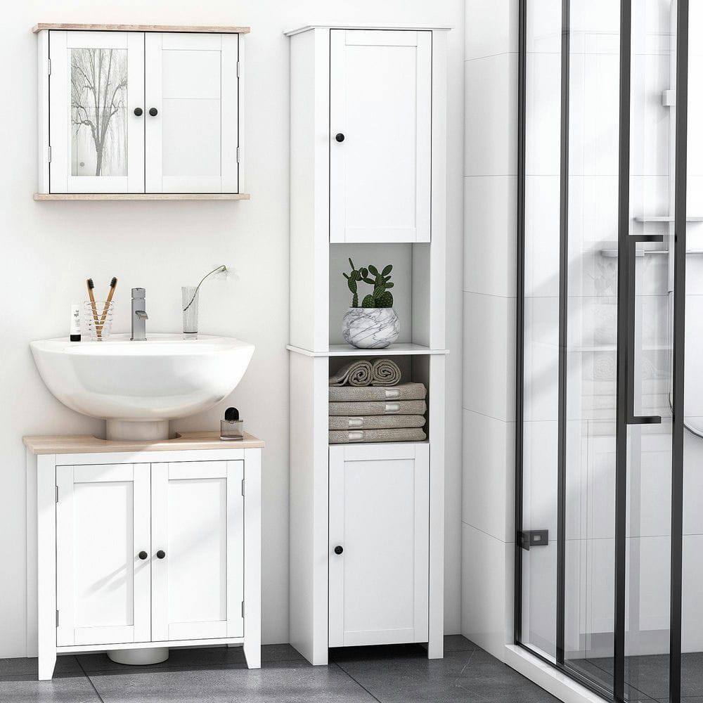 Front. Kadyn - Tall Bathroom Storage Cabinet, Freestanding Linen Tower with 2-Tier Shelf and 2 Cabinets, White - White.