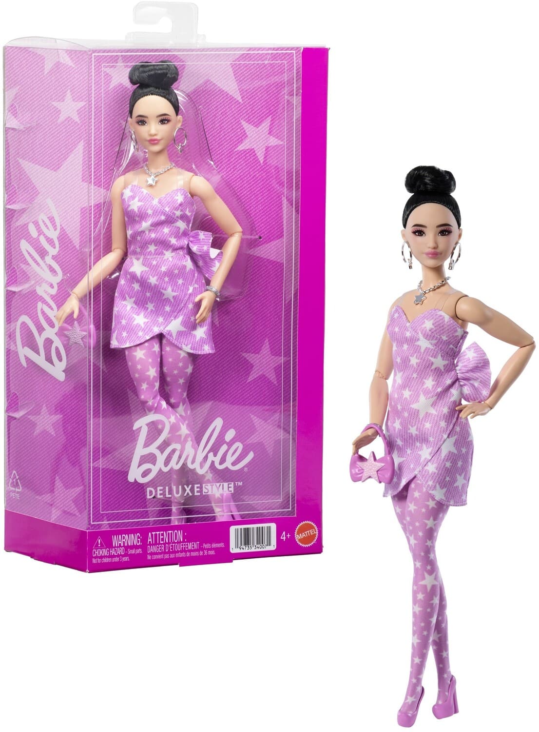 Mattel - Barbie Deluxe Style Fashion Doll #11 in Pink Denim Star-Print Dress, Black Hair in Bun - COLLECTIBLES - Multicolor