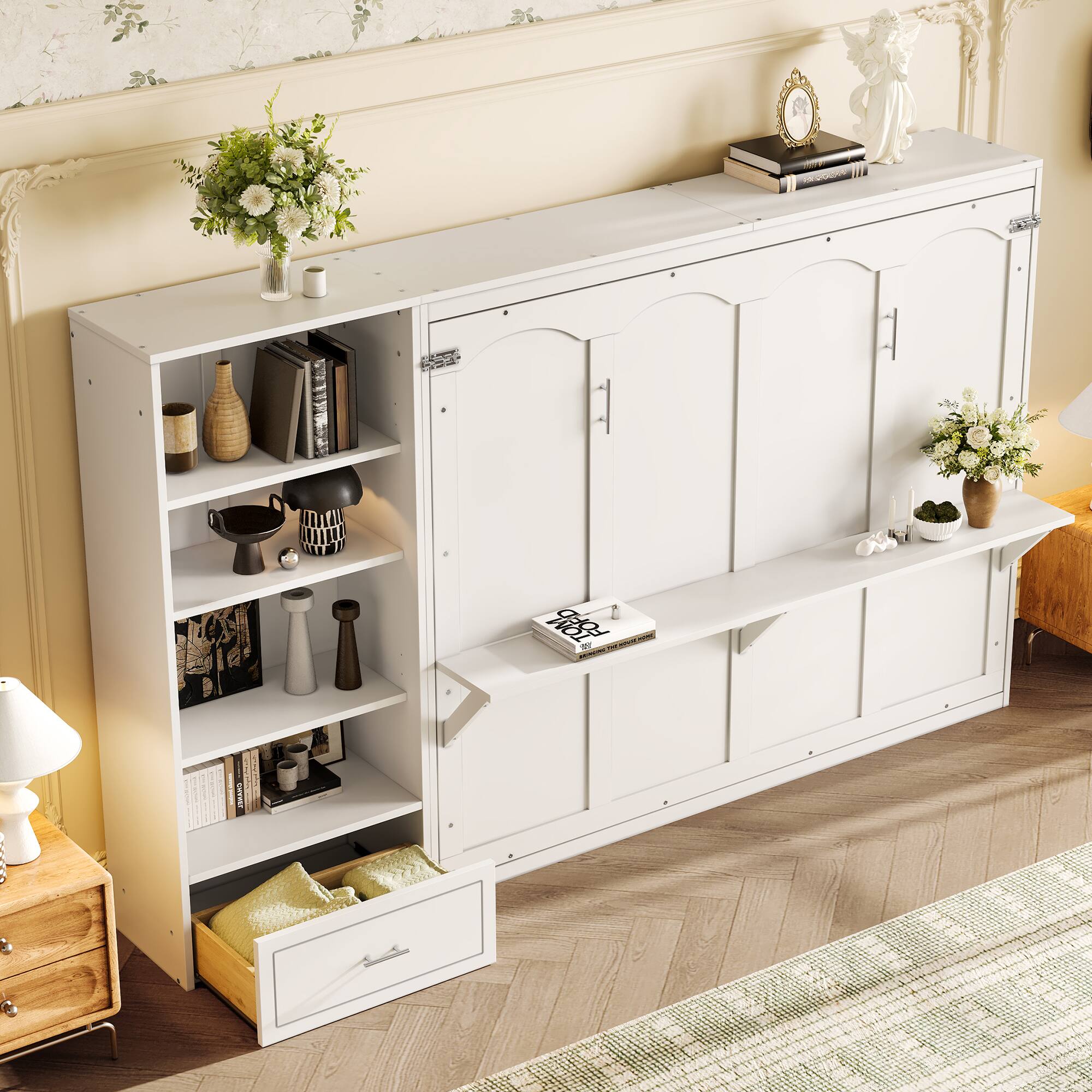 Angle. Anysun - Queen Size Multifunctional Foldable Murphy Bed with Height Adjustable Storage Compartments and Shelf, Drawer - White.
