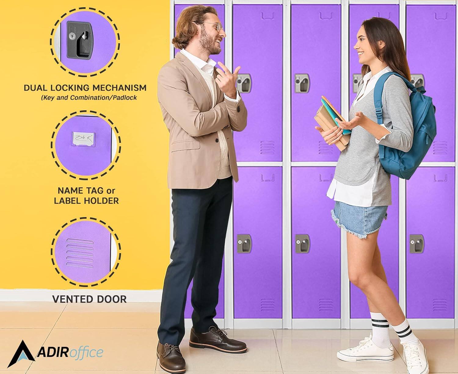 DUAL LOCKING MECHANISM (Key and Combination/Padlock), NAME TAG or LABEL HOLDER, VENTED DOOR, ADIRoffice