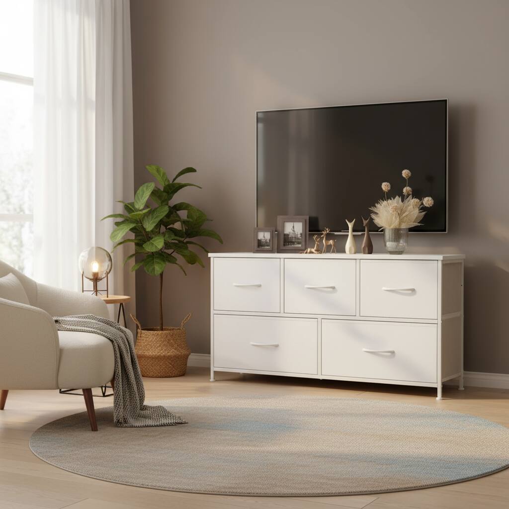 Alt View 1. AOITUN - Dresser for Bedroom with 5 Storage Drawers - Ideal Temporary Clothes Dresser & TV Stand - White.