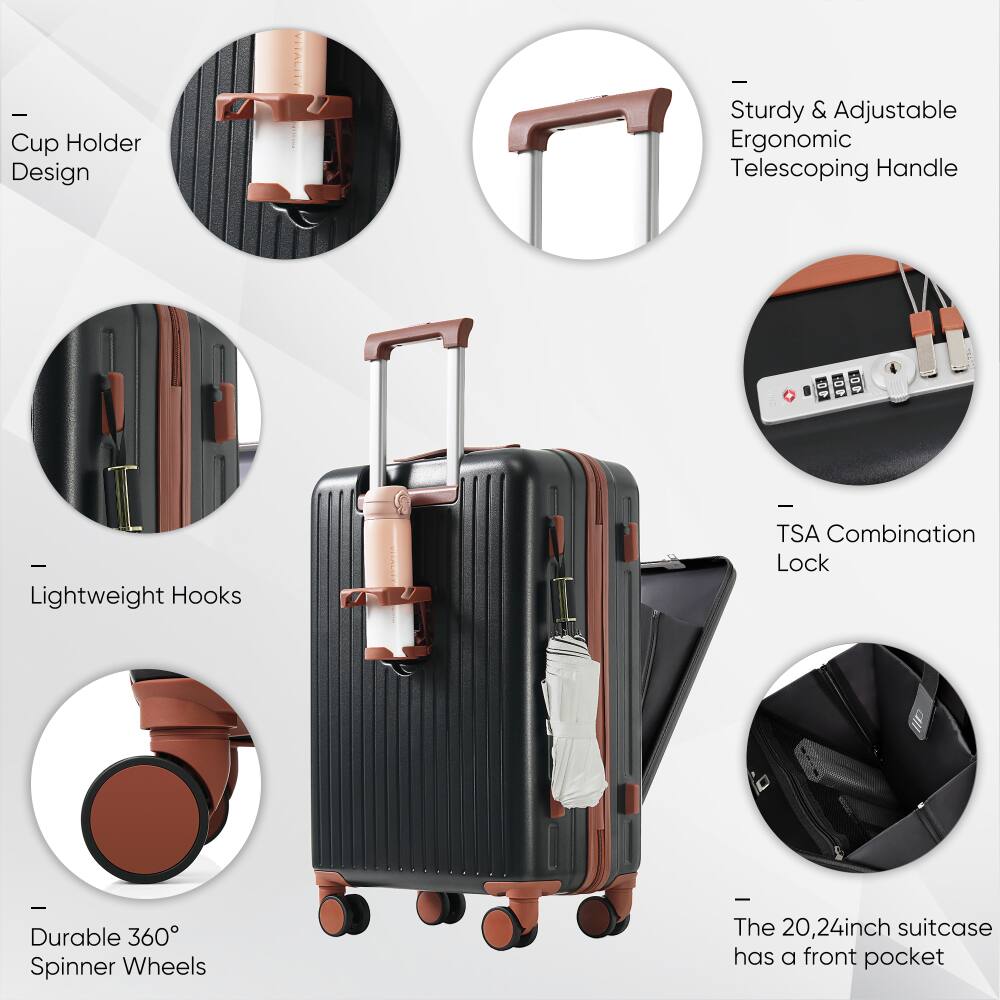 - Cup Holder Design
- Sturdy & Adjustable Ergonomic Telescoping Handle
- Lightweight Hooks
- TSA Combination Lock
- Durable 360° Spinner Wheels
- The 20, 24inch suitcase has a front pocket