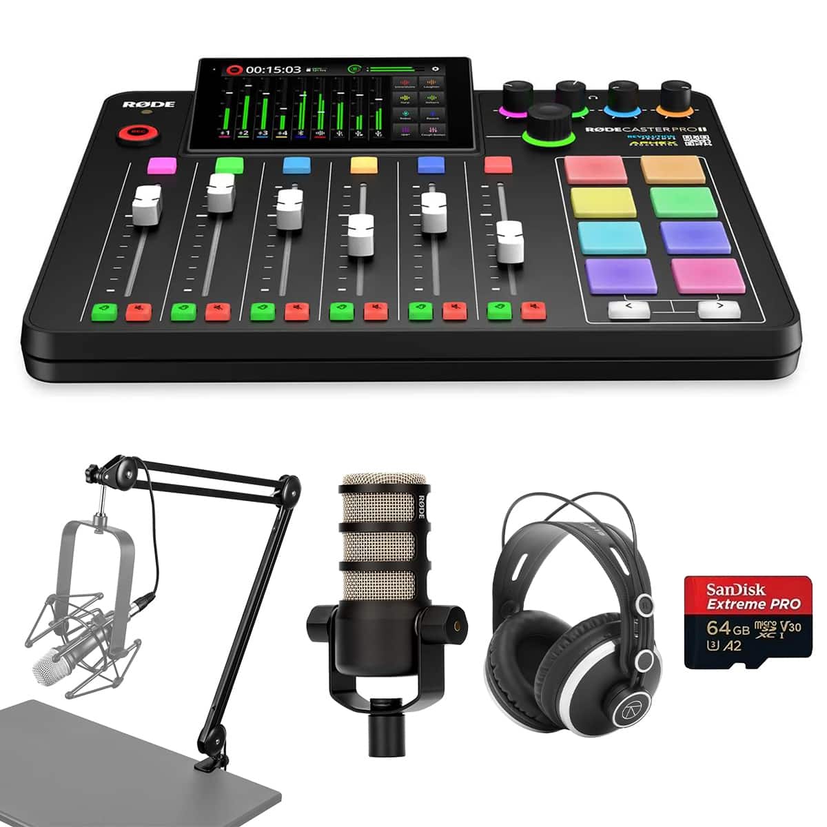 RODE - RODECaster Pro II Integrated Audio Production Studio Console Bundle with PodMic Microphone, TAPH500 Headphones,