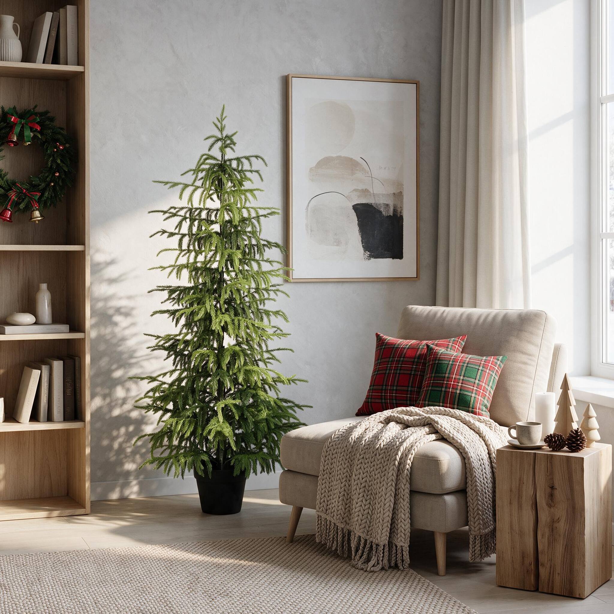 Front. Jandcase - 4FT Artificial Real Touch Norfolk Pine Tree 1pc/set, Potted Plants for Christmas, Easy Fluff & Store, Indoor Outdoor - Green Leaves.