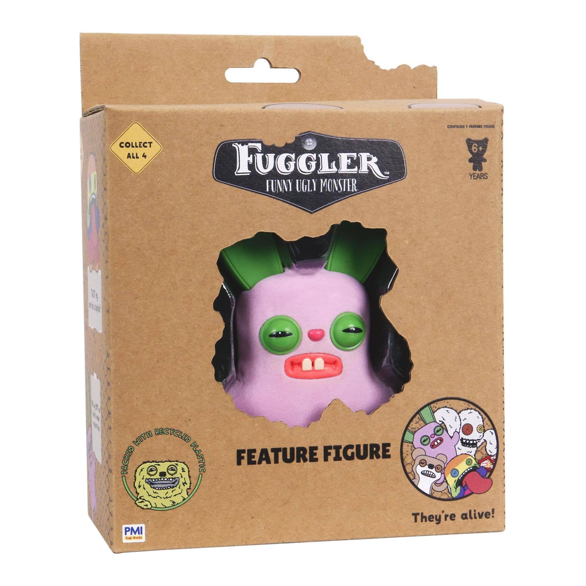 COLLECT ALL 4  
FUGGLER  
FUNNY UGLY MONSTER  
6+ YEARS  

FEATURE FIGURE  
They're alive!  

CONTAINS 1 FIGURE  
MADE WITH RECYCLED PLASTIC  

PMI