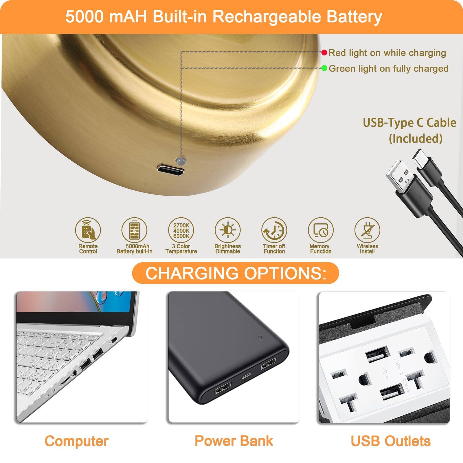 5000 mAH Built-in Rechargeable Battery

- Red light on while charging
- Green light on fully charged

USB-Type C Cable (Included)

- Remote Control
- 5000mAh Battery built-in
- 2700K 4000K 6000K Temperature
- Brightness Dimmable
- Timer off Function
- Memory Function
- Wireless Install

CHARGING OPTIONS:

- Computer
- Power Bank
- USB Outlets