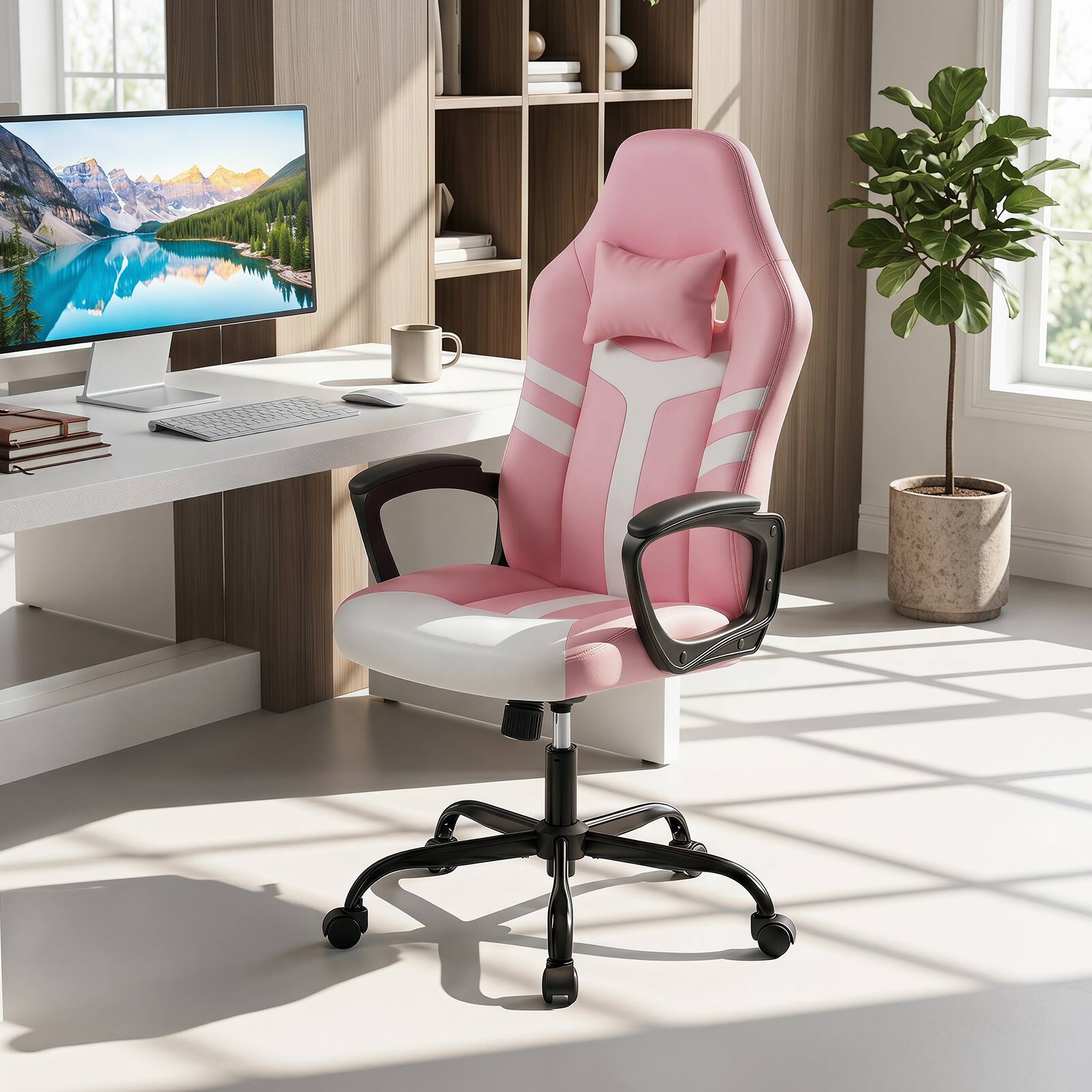 Alt View 3. Costway - Costway Faux Leather Upholstered Office Chair with Removable Head Pillow, Padded Armrests - Pink + Black.