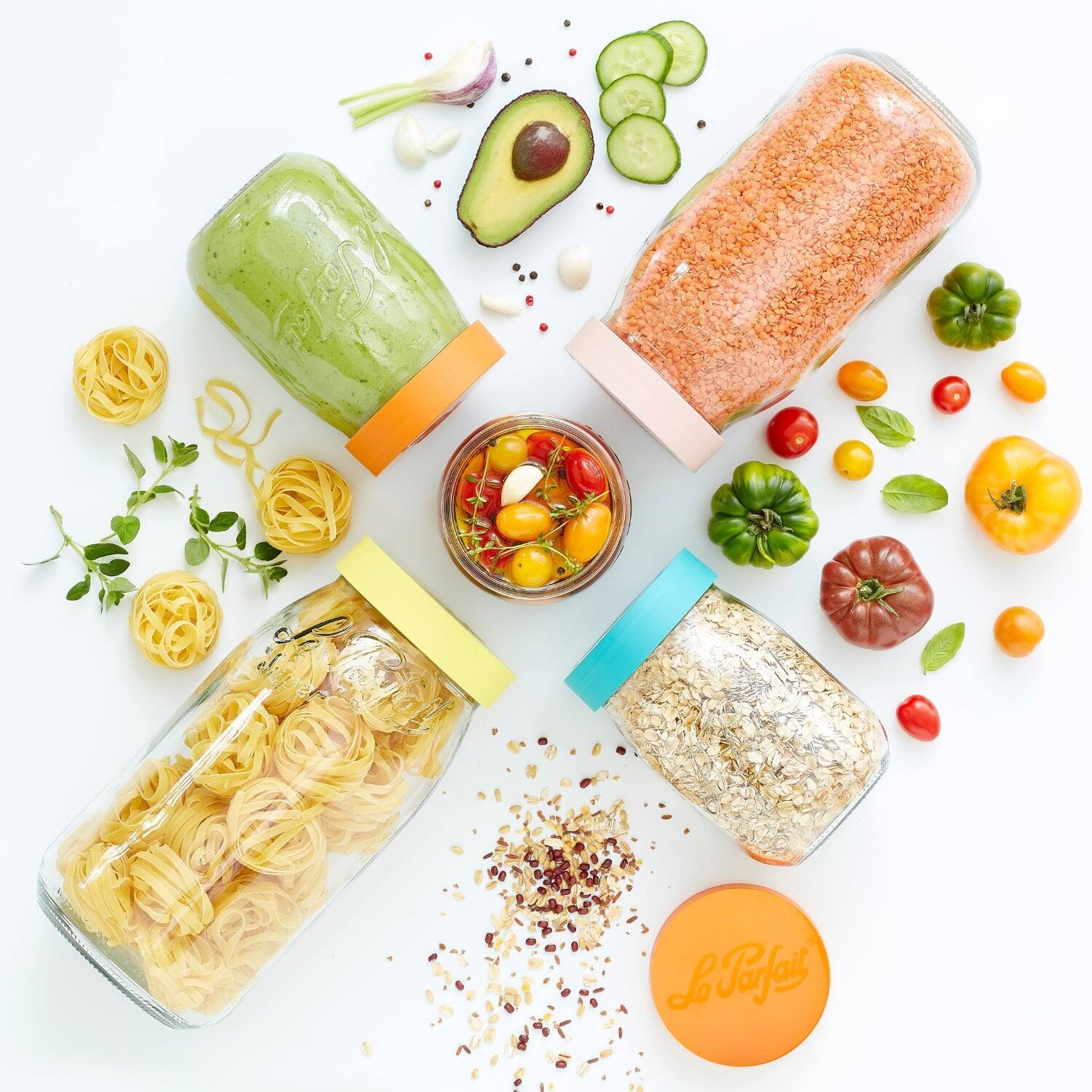 Alt View 2. Le Parfait - Screw Top Jar - 1L Wide Mouth French Glass Canning Jar w/ Color Plastic Lid, 32oz/Quart (Pack of 4) - PINE.