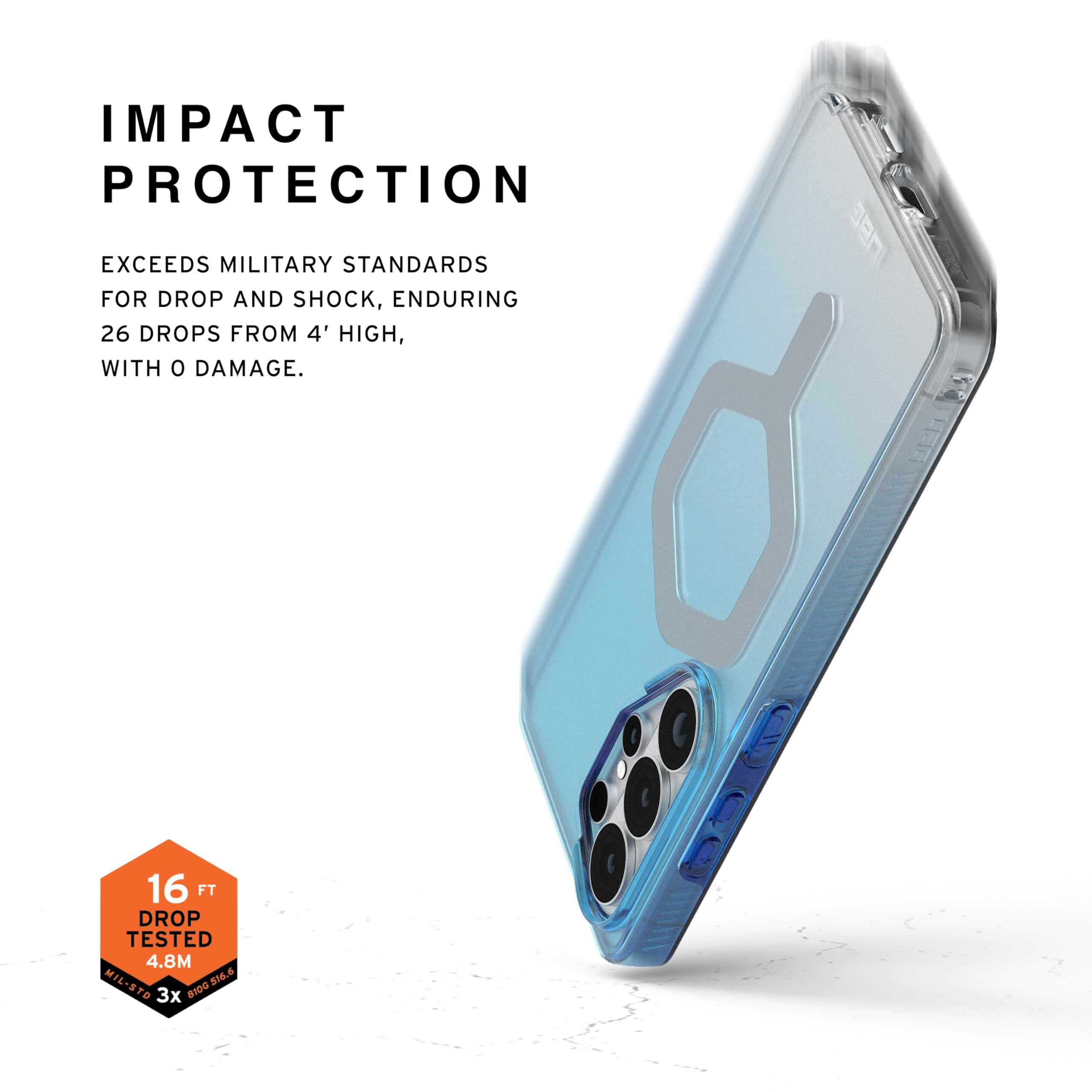 IMPACT PROTECTION

EXCEEDS MILITARY STANDARDS FOR DROP AND SHOCK, ENDURING 26 DROPS FROM 4' HIGH, WITH 0 DAMAGE.

16 FT DROP TESTED 4.8M MIL-STD 810G TO 3x
