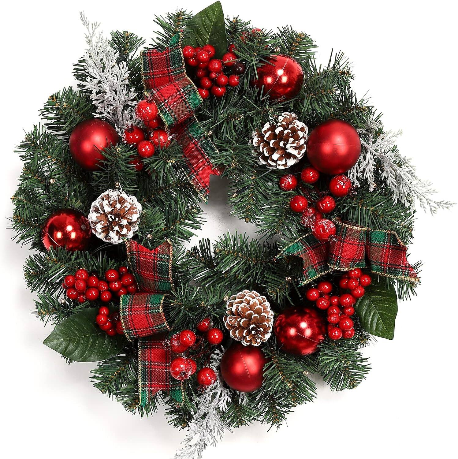 Acekool - 18" Pre-Lit Christmas Wreath for Front Door, Artificial Pine with Red Berries, Pinecones, Ornaments & Festive Ribbon - Green