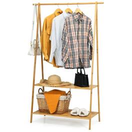 Hivvago - Entryway Bedroom Wood Garment Clothes Hanging Rack with 2 Bottom Storage Shelves - Natural