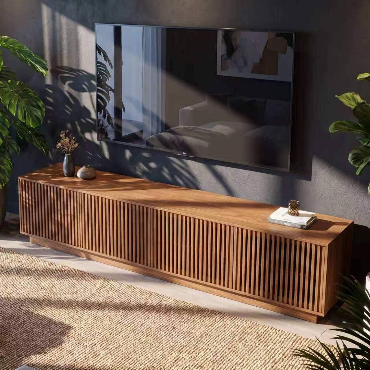 Alt View 4. luck idea - Slatted Wood TV Stand, 86.61 Inch Low‑Profile Media Console with Storage Cabinets for TVs Up to 85 Inch - brown.