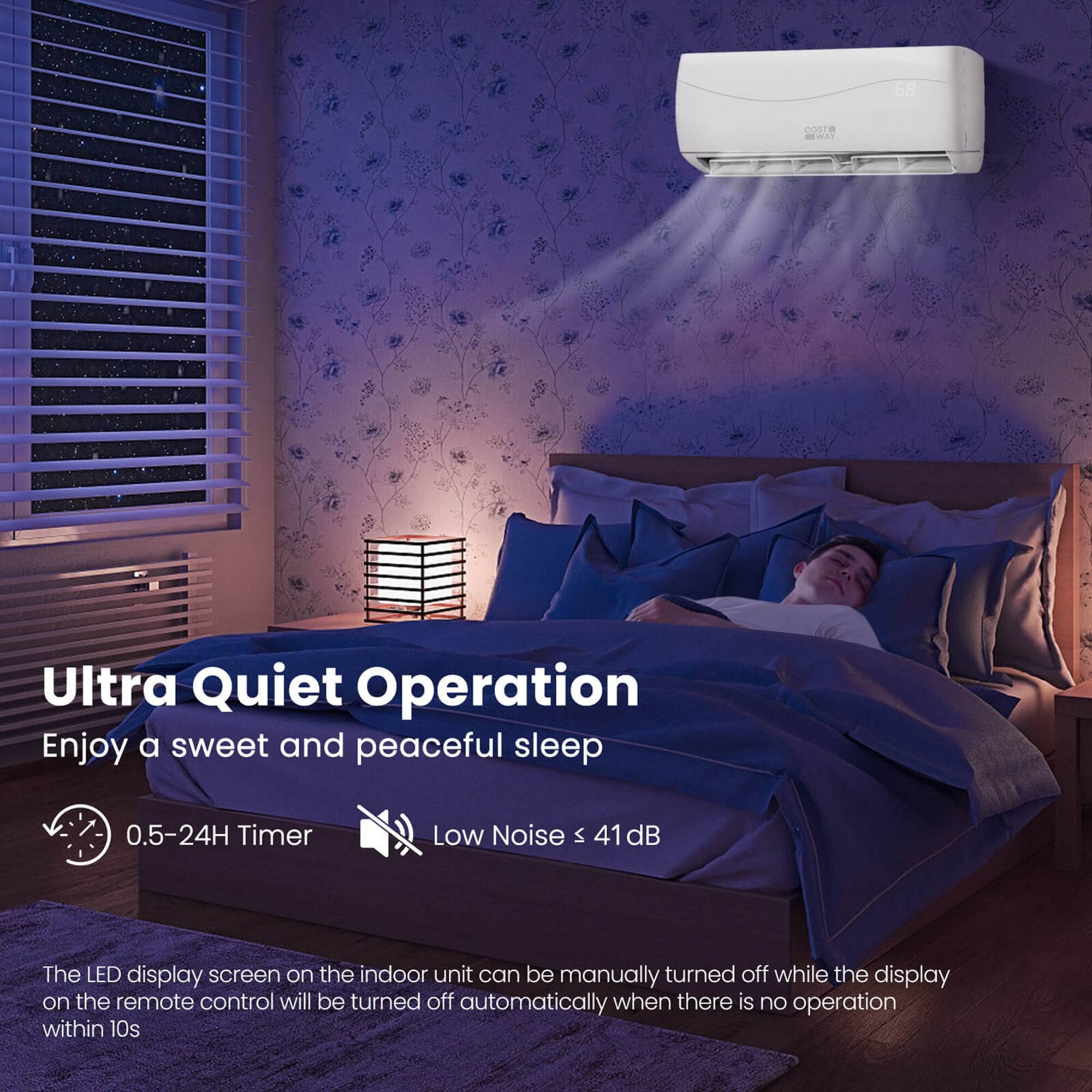 Ultra Quiet Operation: Enjoy a sweet and peaceful sleep with our 0.5-24H Timer, Low Noise (41 dB) air conditioner. The LED display screen on the indoor unit can be manually turned off, while the display on the remote control will be turned off automatically when there is no operation within 10 seconds.