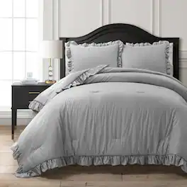 Hivvago - Full/Queen Grey White Stripe Ruffle Reversible 3 Piece Comforter Set - Grey , White