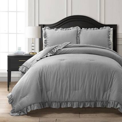 Front. Hivvago - Full/Queen Grey White Stripe Ruffle Reversible 3 Piece Comforter Set - Grey , White.