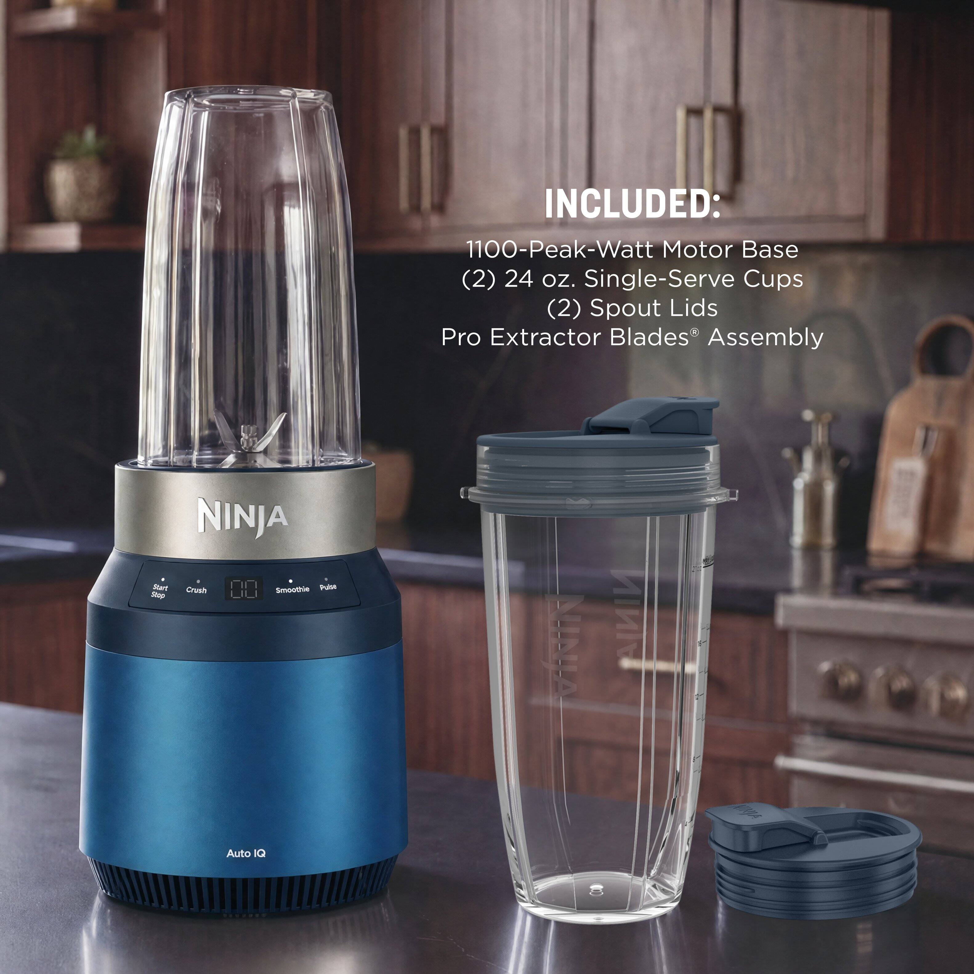 INCLUDED: 1100-Peak-Watt Motor Base (2) 24 oz. Single-Serve Cups (2) Spout Lids Pro Extractor Blades Assembly

NINJA Start Crush Smoothie Pulse Stop Auto IQ
