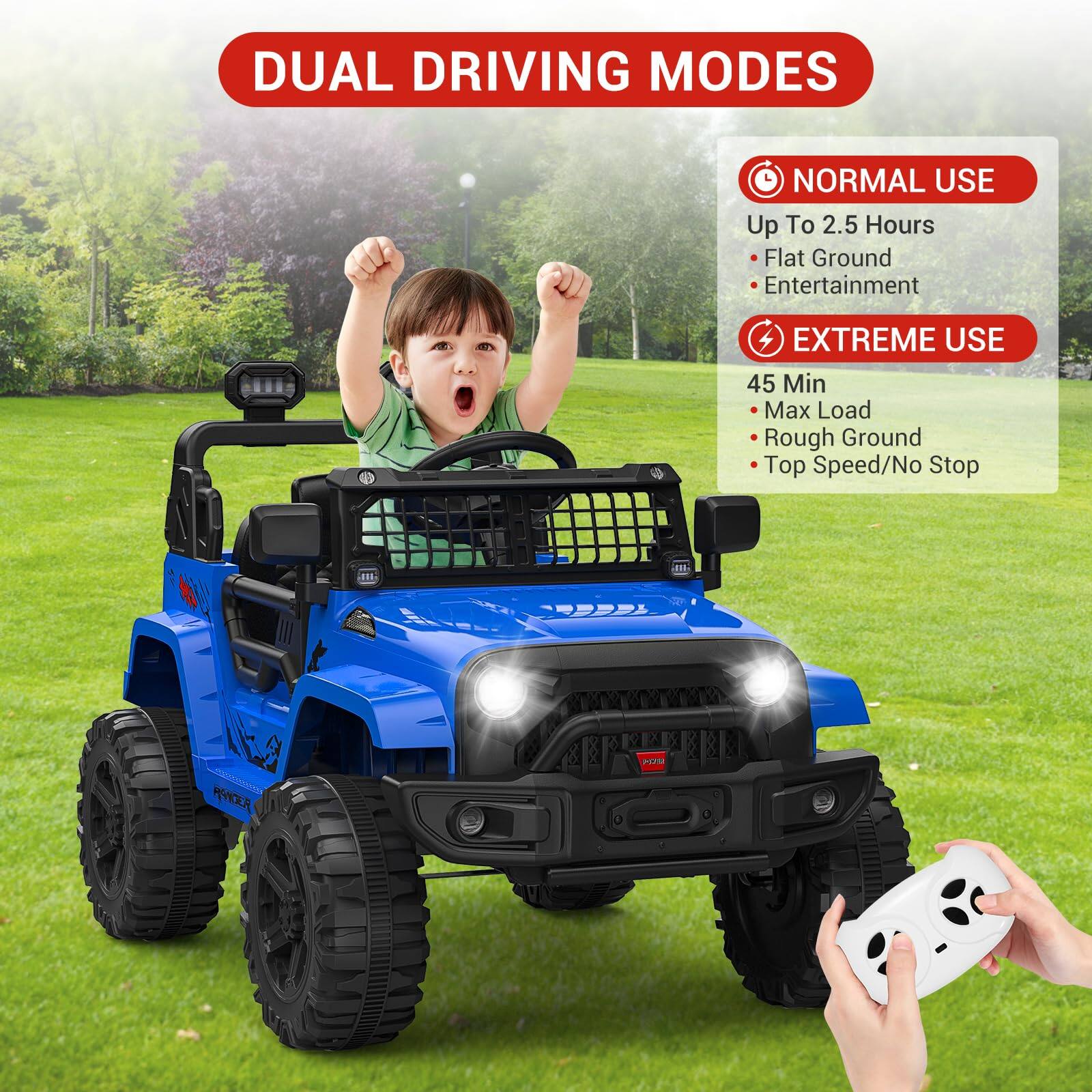DUAL DRIVING MODES

NORMAL USE
- Up To 2.5 Hours
- Flat Ground
- Entertainment

EXTREME USE
- 45 Min
- Max Load
- Rough Ground
- Top Speed/No Stop