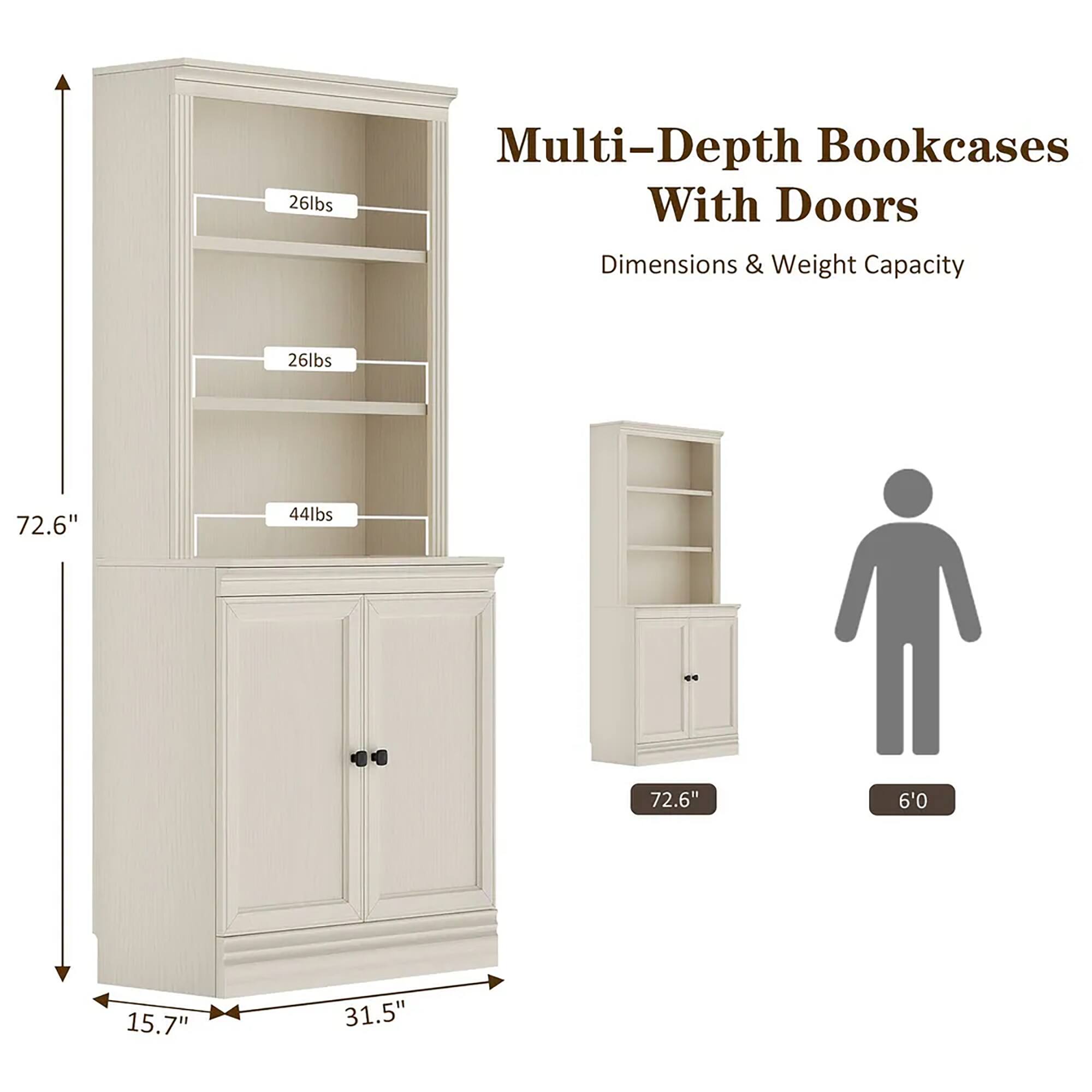 Multi-Depth Bookcases With Doors  
Dimensions & Weight Capacity  

- Height: 72.6"  
- Width: 31.5"  
- Depth: 15.7"  

- Shelf 1: 26 lbs  
- Shelf 2: 26 lbs  
- Shelf 3: 44 lbs  

- Overall Height: 72.6"  
- Height of Person: 6'0"