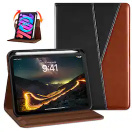 DTTO - Case for iPad Mini 7 (A17 Pro) 2024 / Mini 6 2021 - 360° Rotating Leather Folio with Pencil Holder - Black Brown