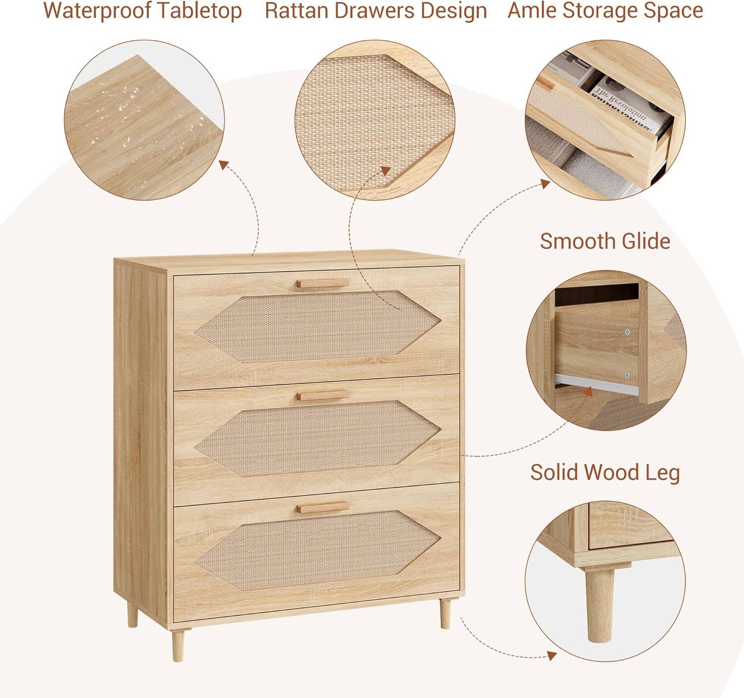 Waterproof Tabletop  
Rattan Drawers Design  
Ample Storage Space  
Smooth Glide  
Solid Wood Leg