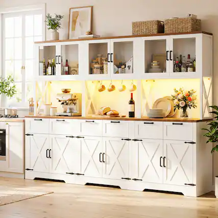 Front. Aheaplus - 71'' Tall Farmhouse Pantry Storage Cabinet with 6 Drawers and 12 Doors, Set of 3 - White & Brown.