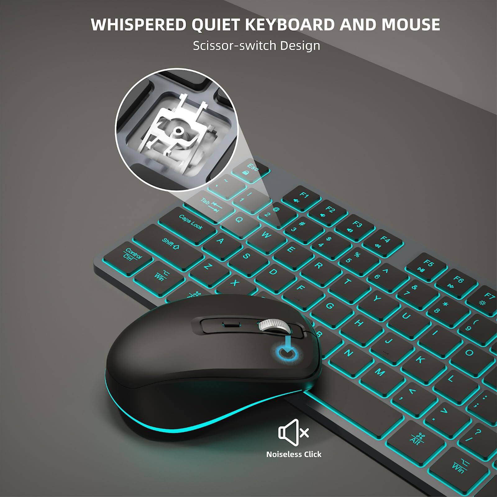 WHISPERED QUIET KEYBOARD AND MOUSE  
Scissor-switch Design  

Noiseless Click