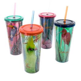 Gibson - Home Tropical Bird 4 Piece 23.6 Ounce Double Wall Tumbler Set with Straw Designs - Assorted