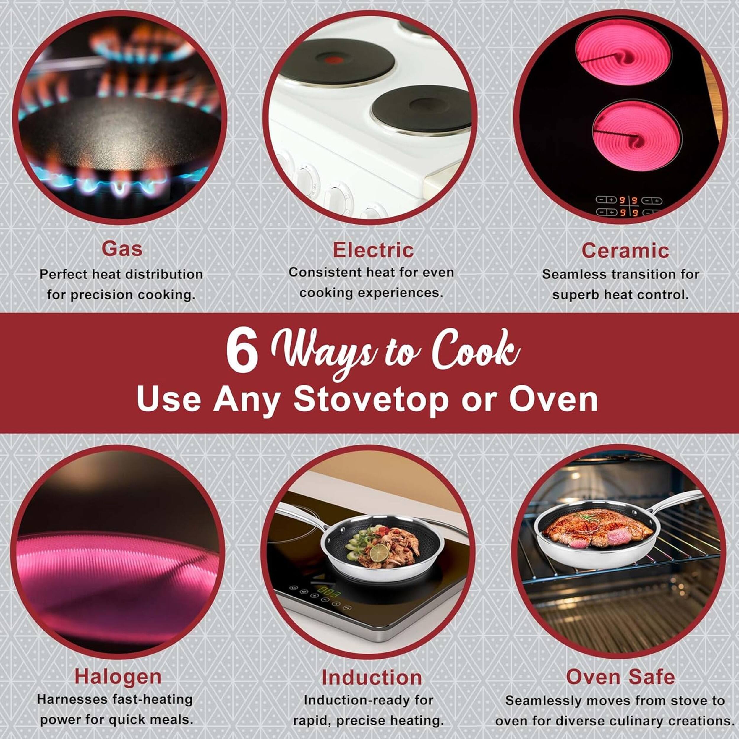 4 5 9 S

Gas
Electric
Ceramic
Perfect heat distribution
Consistent heat for even cooking experiences.
Seamless transition for superb heat control.

6 Ways to Cook
Use Any Stovetop or Oven

Halogen
Harnesses fast-heating power for quick meals.

Induction
Induction-ready for rapid, precise heating.

Oven Safe
Seamlessly moves from stove to oven for diverse culinary creations.