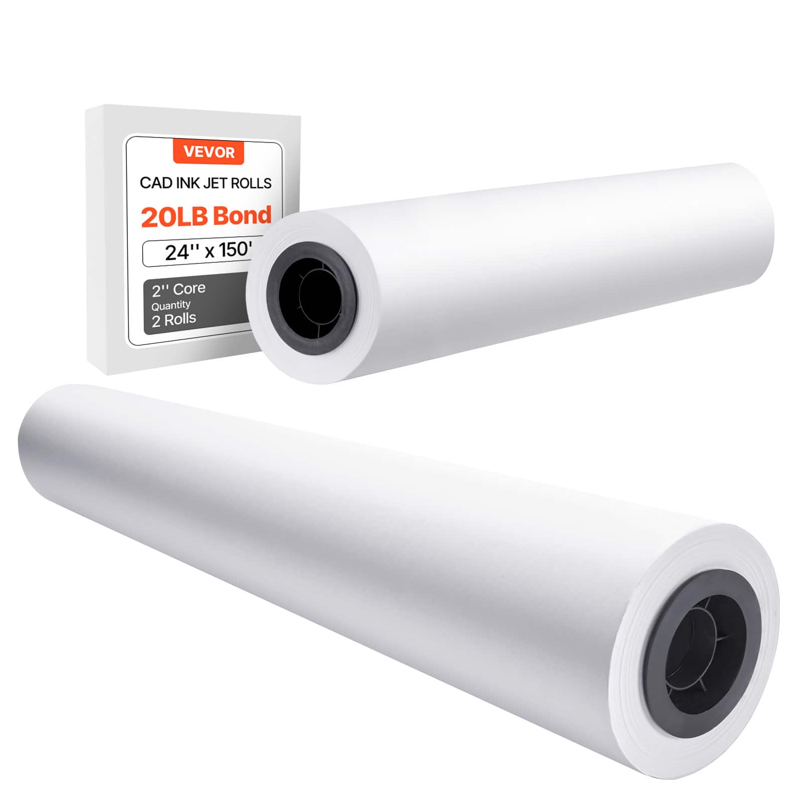 VEVOR - Wide Format Paper, 24 in x 150 ft Plotter Roll, 2 Rolls CAD Bond Rolls with 2 in Core, 20 LB Bond Paper Rolls - Bright White