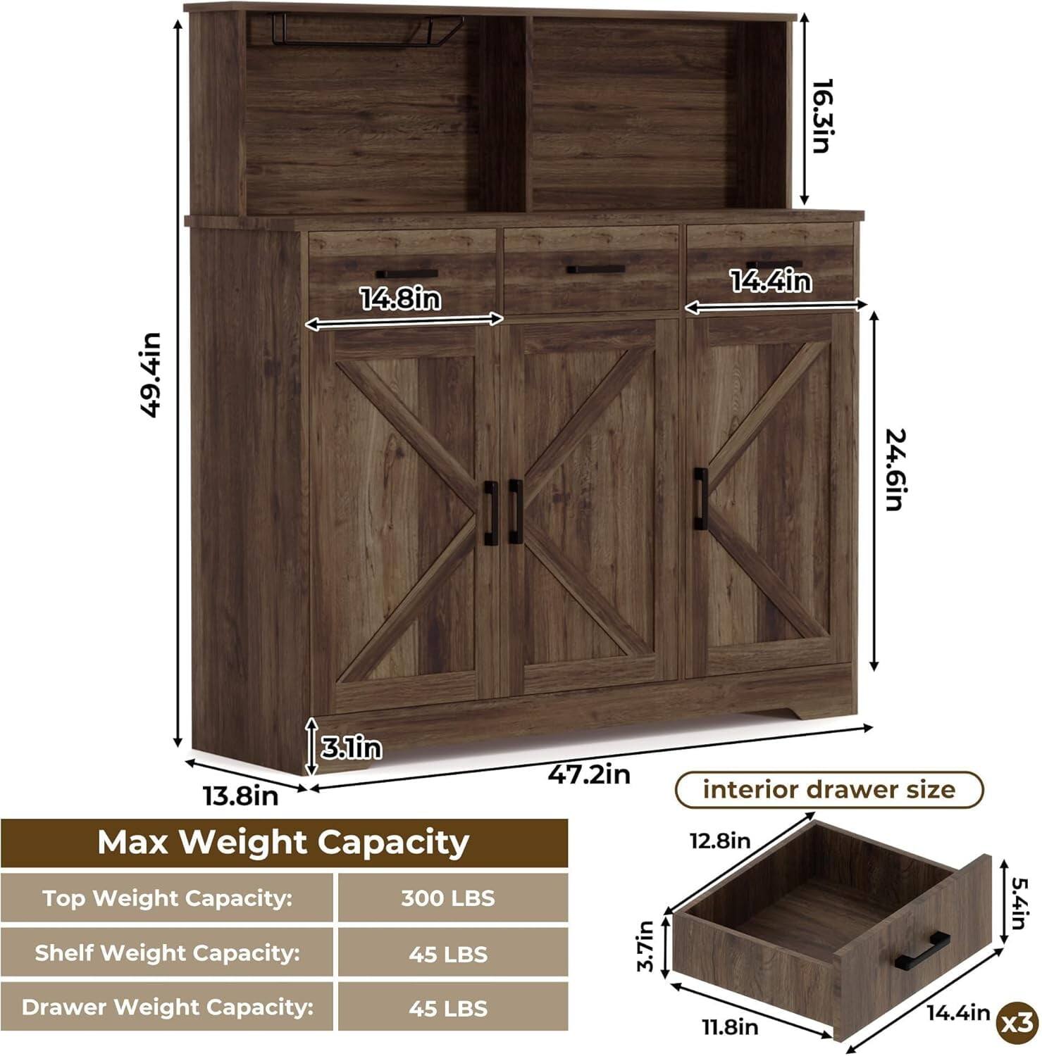 - 16.3in
- 49.4in
- 14.8in
- 14.4in
- 24.6in
- 3.1in
- 13.8in
- 47.2in
- 3.7in
- 12.8in
- 5.4in
- 14.4in
- 11.8in x3

Max Weight Capacity:
- Top Weight Capacity: 300 LBS
- Shelf Weight Capacity: 45 LBS
- Drawer Weight Capacity: 45 LBS

Interior drawer size:
- 12.8in
- 5.4in
- 14.4in
- 11.8in x3