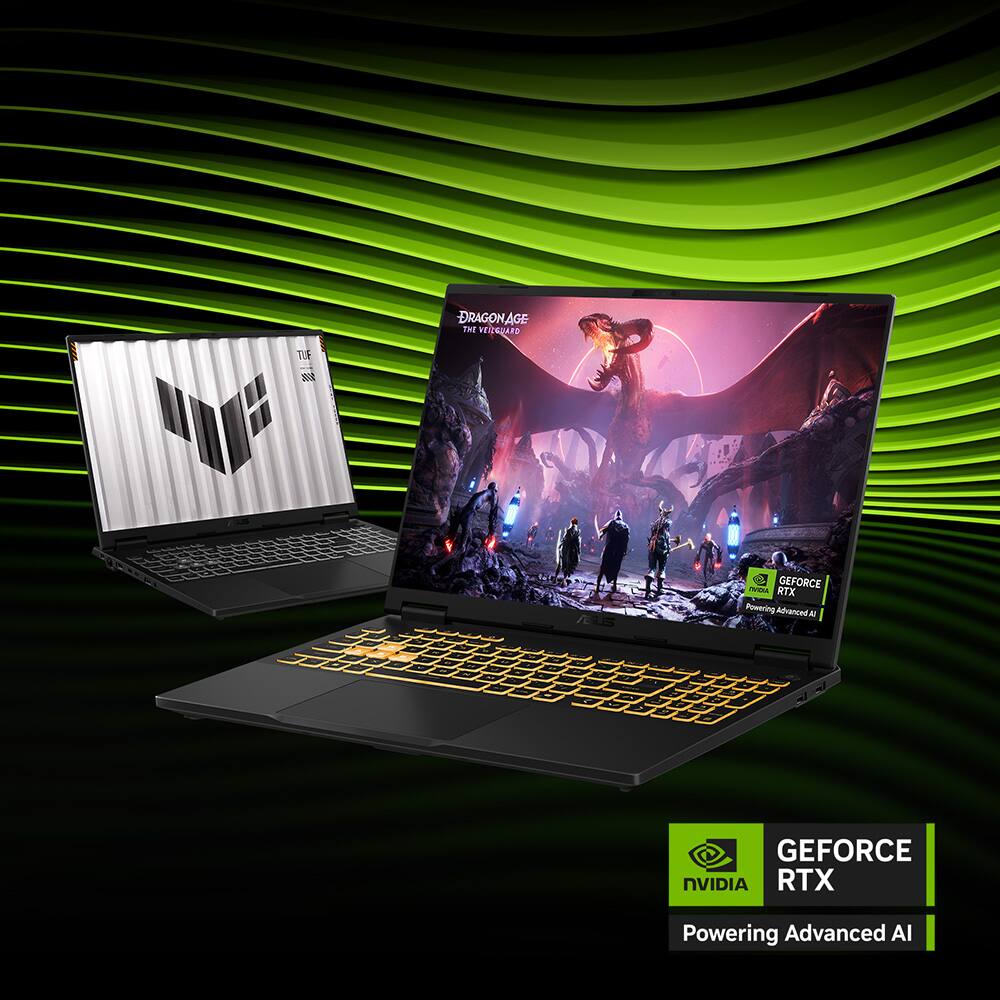 The image features a laptop computer with a dragon on the screen, likely from the game Dragon Age. The laptop is open and placed next to a closed laptop, both of which are made by Nvidia. The image is advertising the Nvidia GeForce RTX, which is a powerful graphics card that can handle advanced AI. The dragon on the screen adds an element of excitement and adventure to the advertisement.