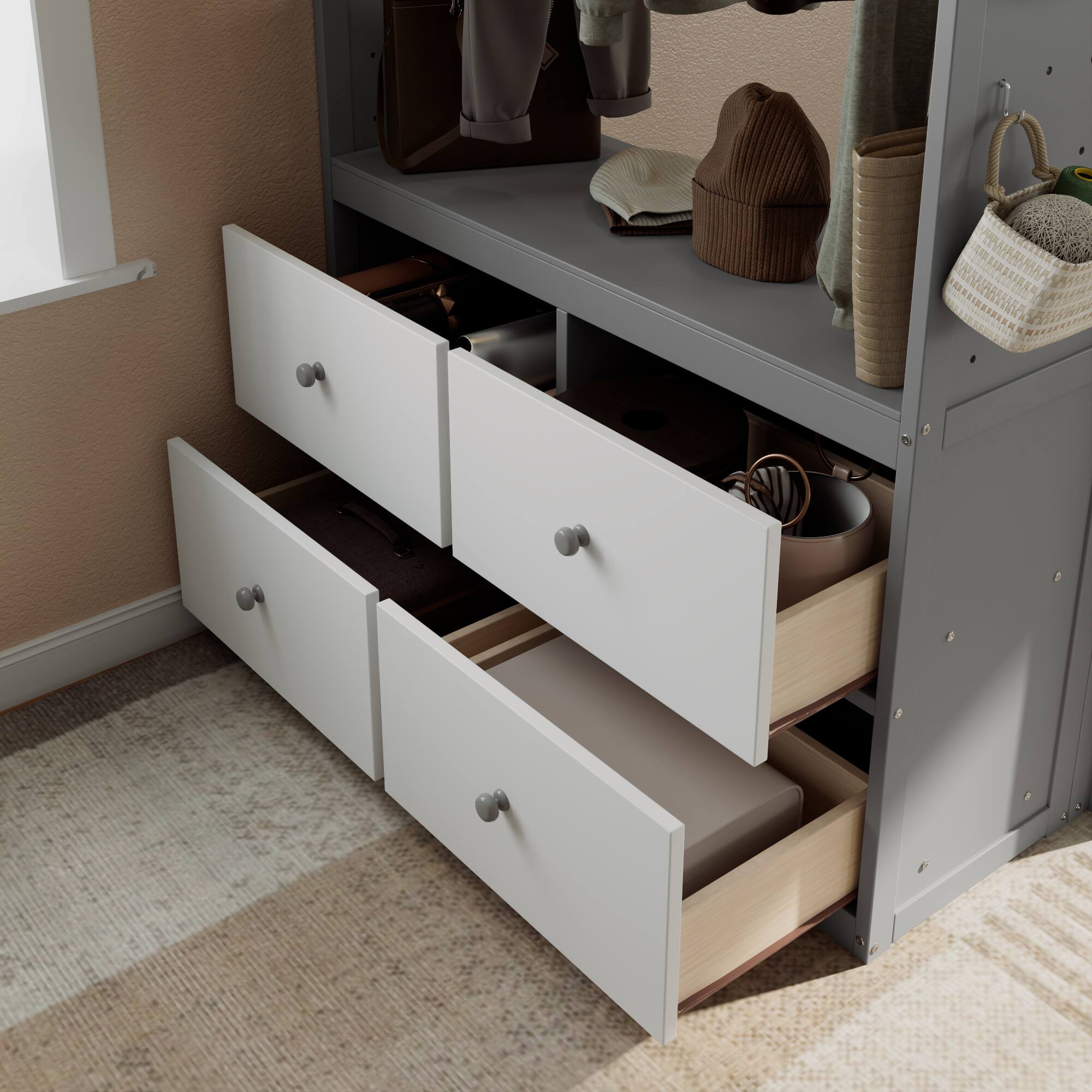 Alt View 1. Anysun - Twin Size Bunk Bed with 4 Storage Drawers, Hanging Rail, Light Strip and Built-in Shelves & Dual Pegboards - Grey.