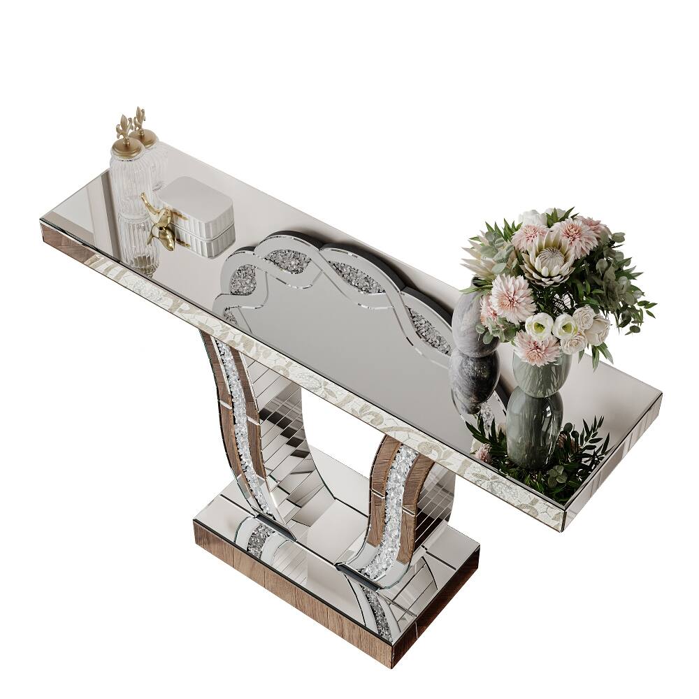 Alt View 9. Loheer - Loheer 43 inch mirrored console table, silver glam entryway table with glass top - Silver.