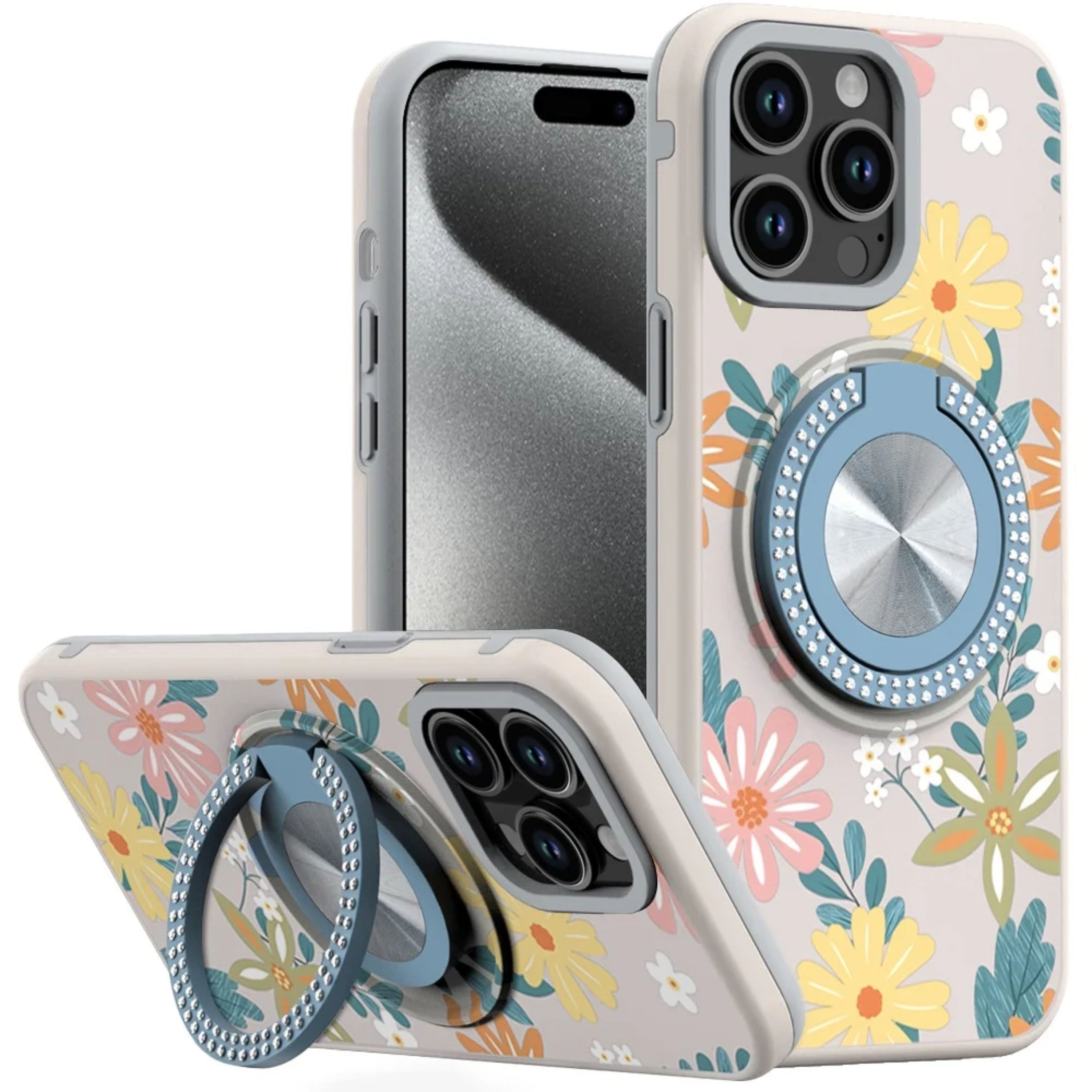 Kitcheniva - Printed Bling Stand Case With 2 Tempered Glass For iPhone 15 Pro Max Floral E - Multicolor price history on PriceWatchPro