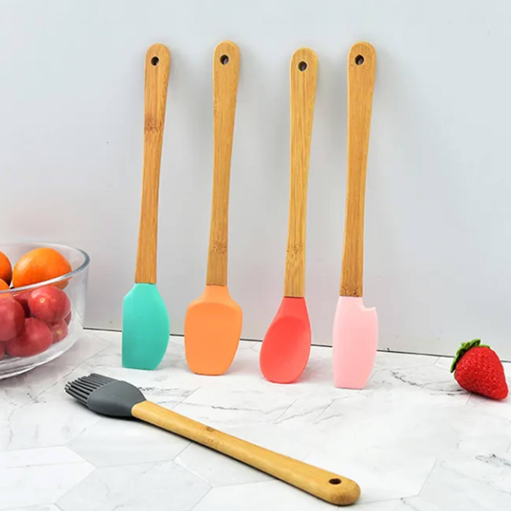 Angle. Cheer Collection - 5-Piece Mini Silicone Baking Utensil Set with Bamboo Handles for Kids - Multi.