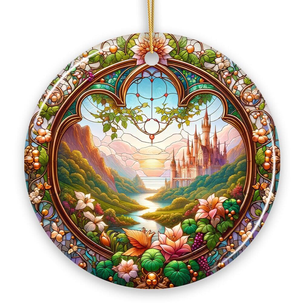 OrnamentallyYou - Castle Art with Lush Forest Stained Glass Style Ceramic Ornament Christmas Gift and Decor - Multi-colored